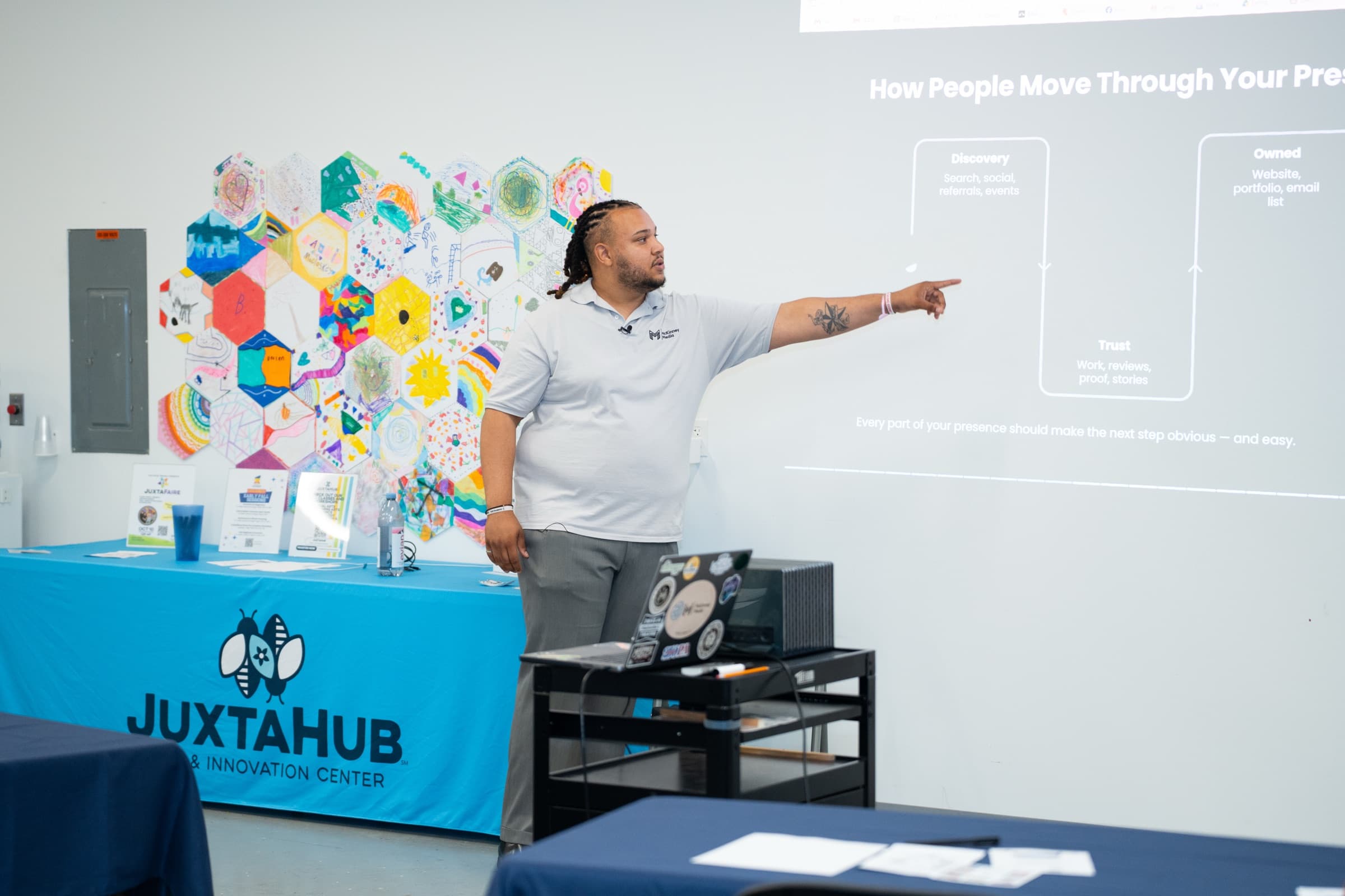 Carter McKinney presenting a workshop at JuxtaHub